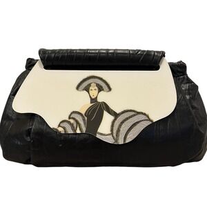 Patricia Smith Vtg Leather Moon Art Deco Bag Crossbody Hand Painted Lacquer 80s